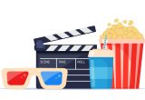 movie time composition with clapperboard 3d glasses soda and filmstrip cinema poster banner design for movie theater illustration vector